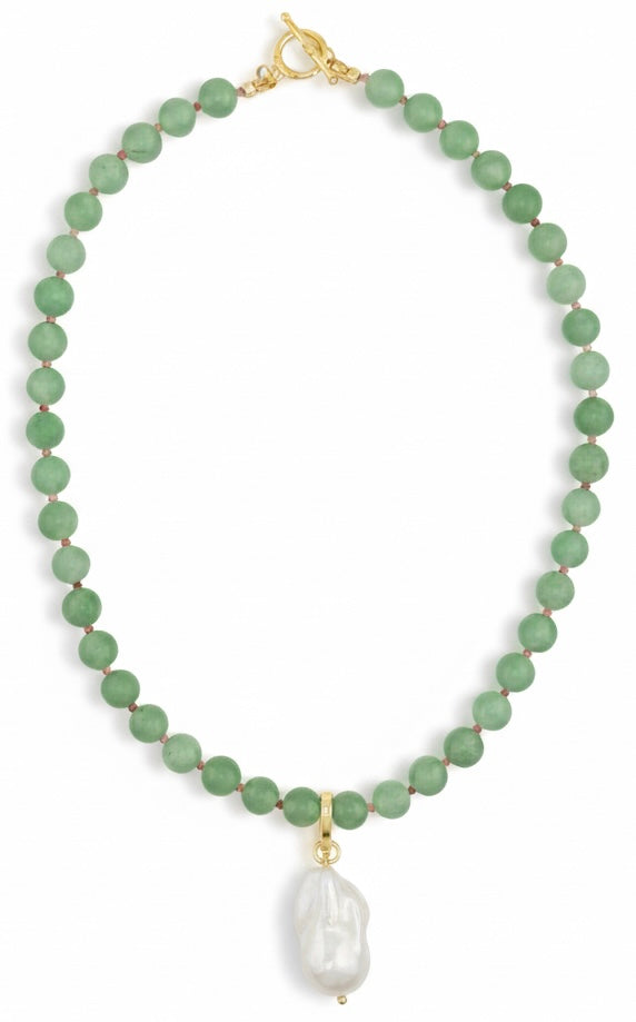 Aventurine, pink tourmaline and baroque pearl necklace