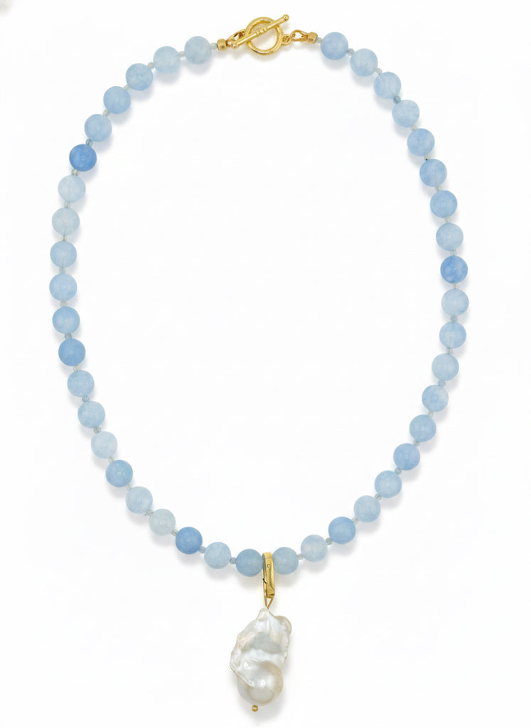 Aquamarine necklace with baroque pearl drop