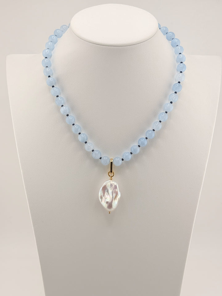 Aquamarine and blue jade layering necklace with a baroque pearl drop and 18k gold-plated accents, front view