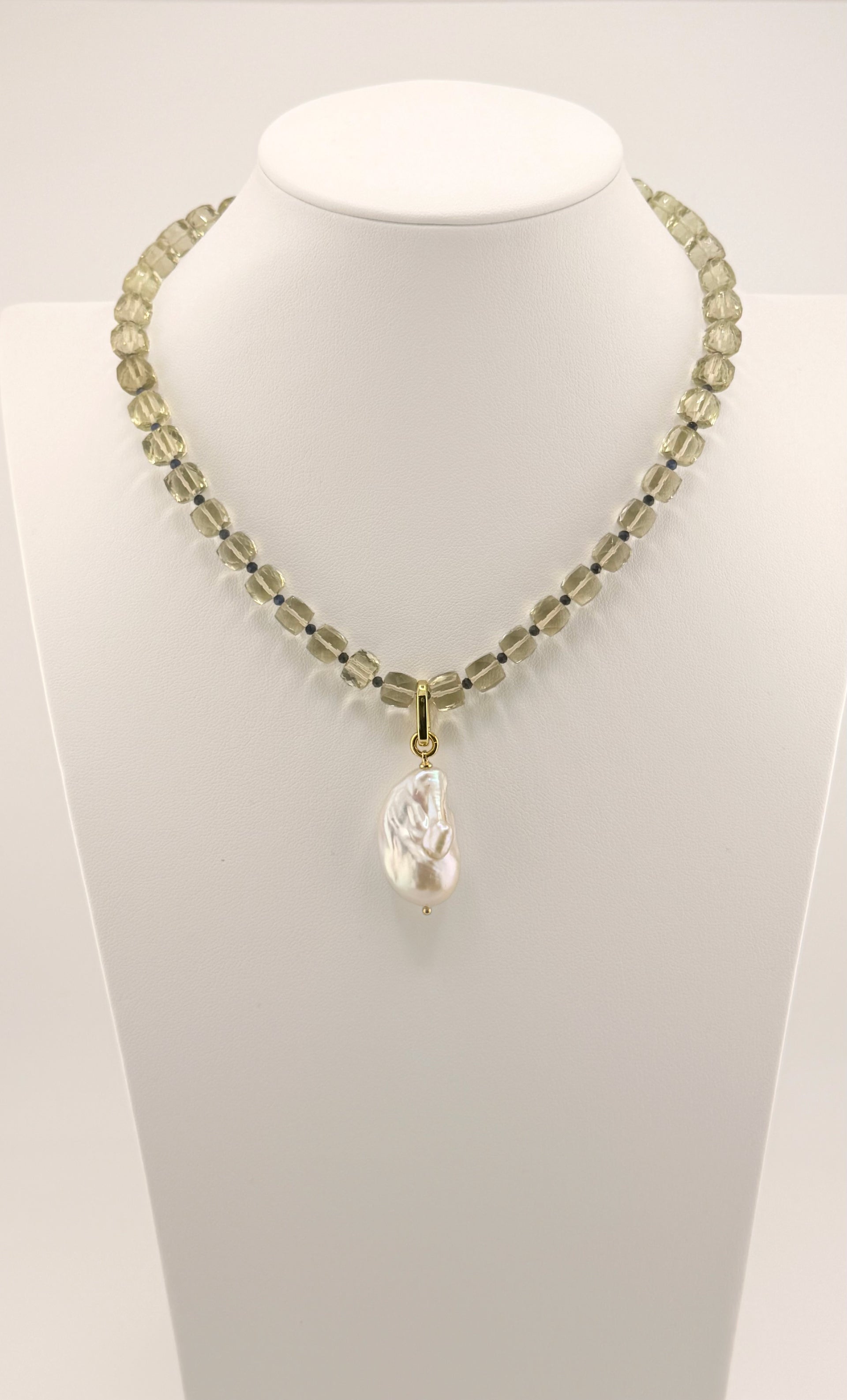Lemon Quartz, Sapphire and Pearl Necklace