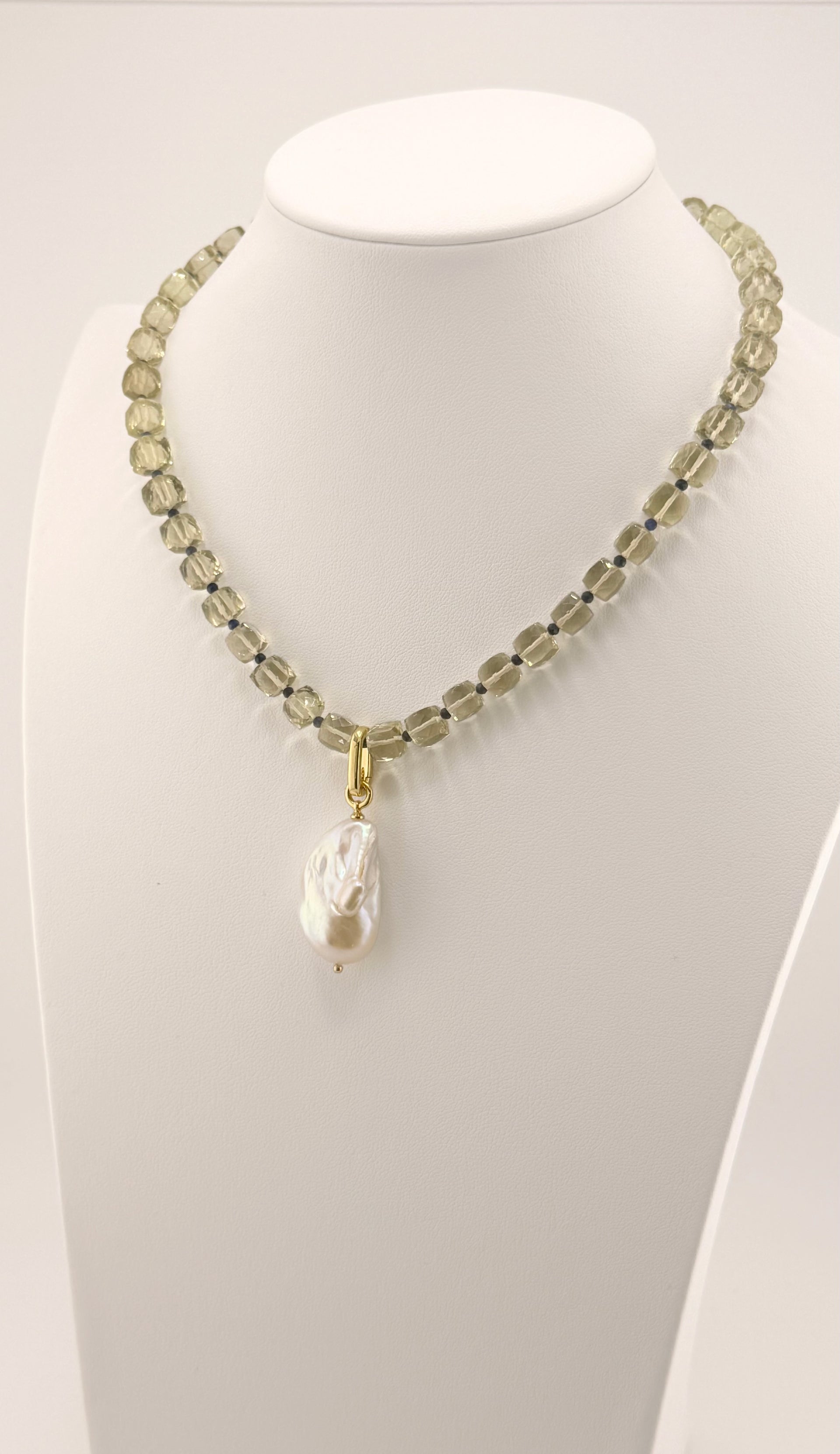 Lemon Quartz, Sapphire and Pearl Necklace