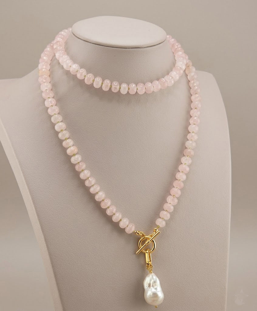Rose quartz and peridot necklace with 18k gold-plated accents, alternate view