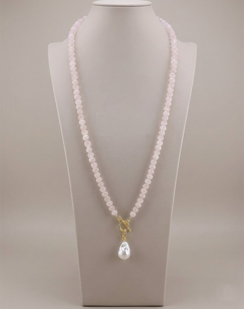 32-inch rose quartz and peridot necklace shown doubled as a layering necklace
