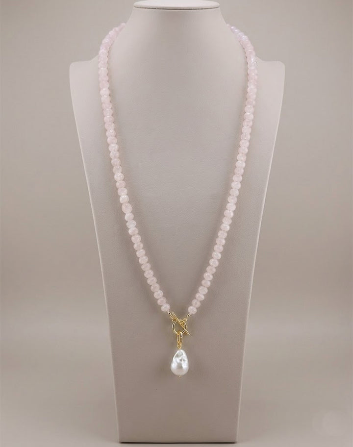32-inch rose quartz and peridot necklace shown doubled as a layering necklace