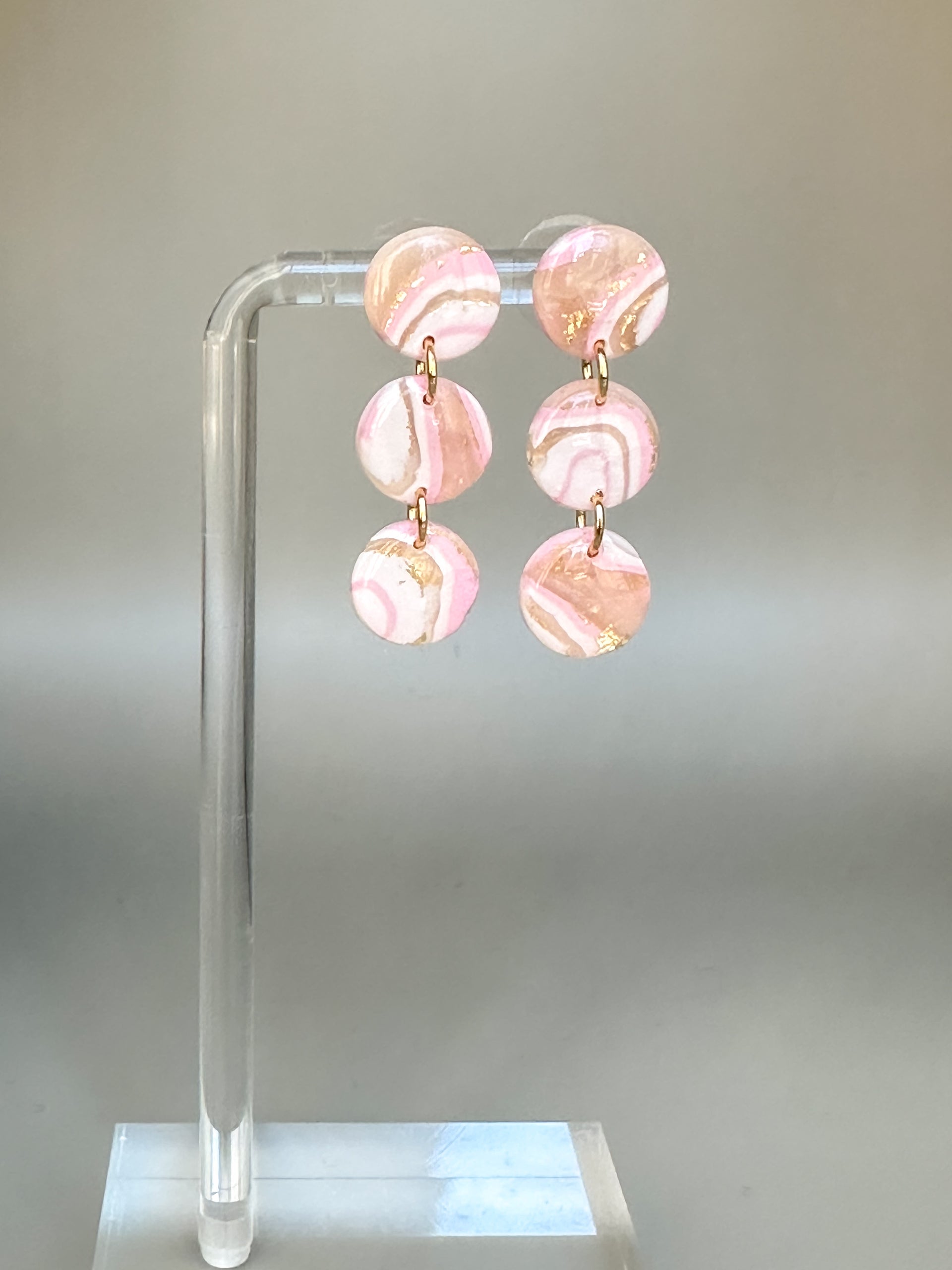 Pink agate small circle drop earrings