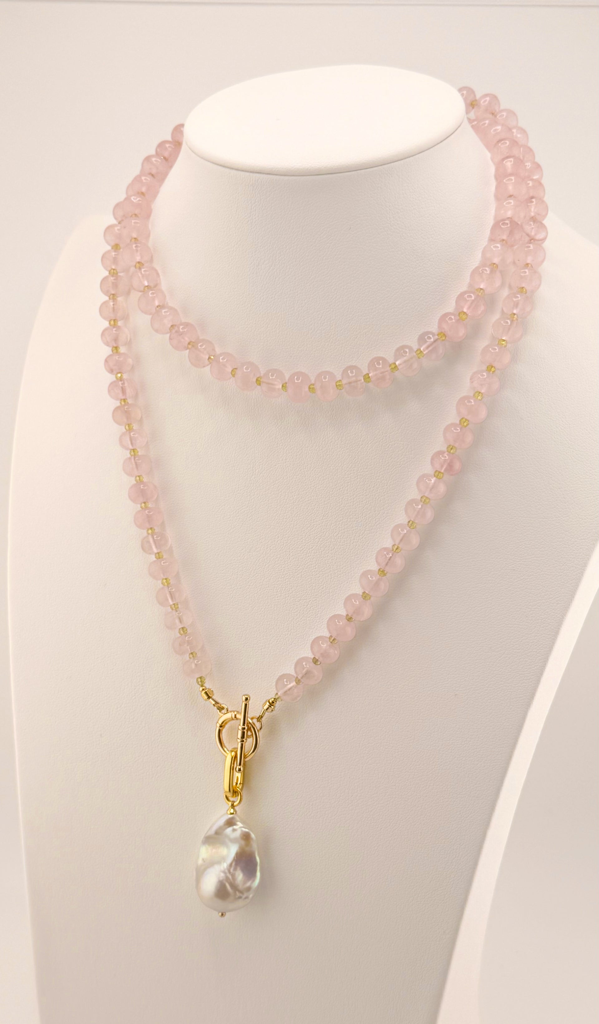 Long Rose Quartz, Peridot and Baroque Pearl Necklace