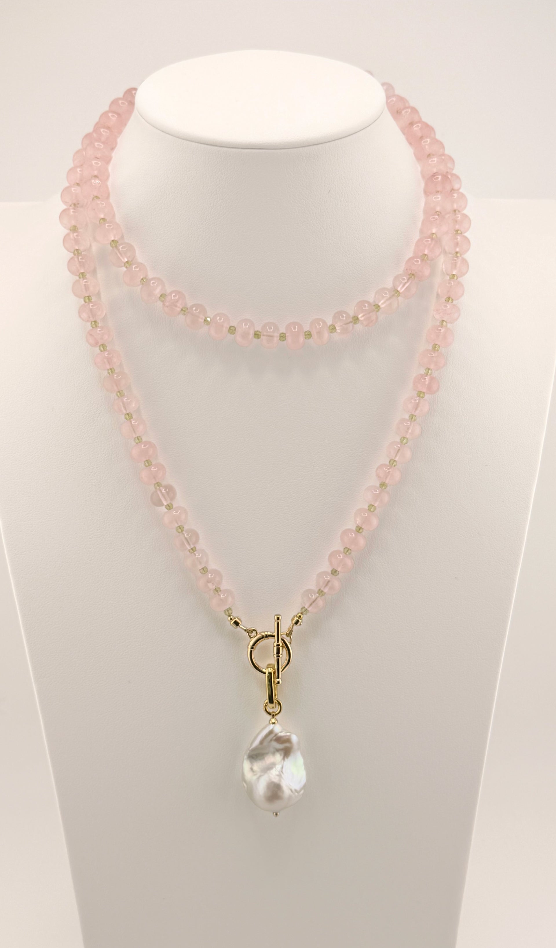 Long Rose Quartz, Peridot and Baroque Pearl Necklace
