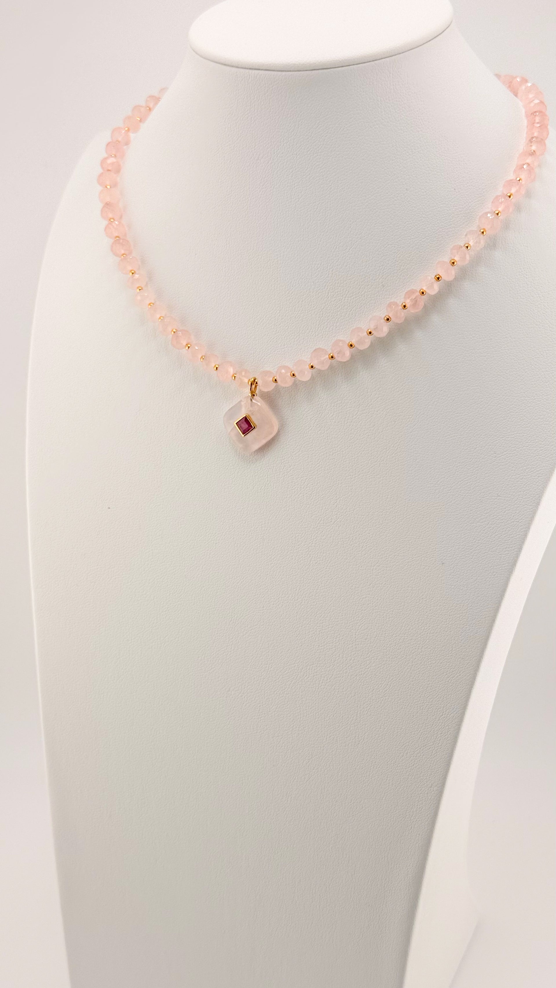 Rose Quartz and Ruby Pendant Necklace