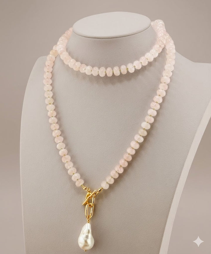 Rose quartz and peridot necklace, side view of the hand-strung strand