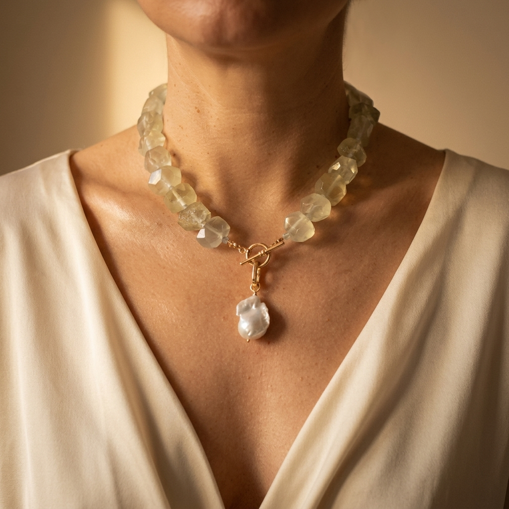 Lemon quartz and blue topaz necklace, detail of the removable baroque pearl drop