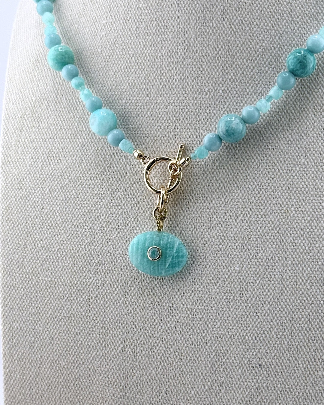 Close-up of the bright aqua amazonite beads in mixed sizes along the strand