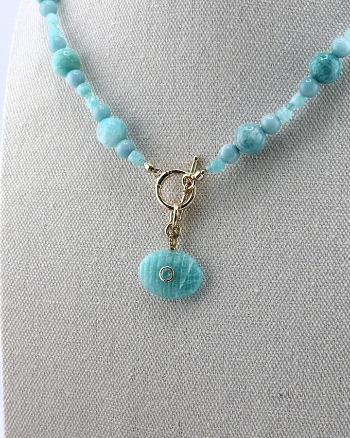 Close-up of the bright aqua amazonite beads in mixed sizes along the strand