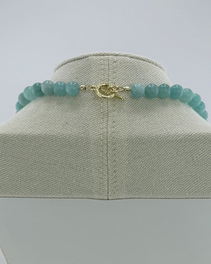 Back view showing the 18k gold-plated toggle clasp on the amazonite necklace