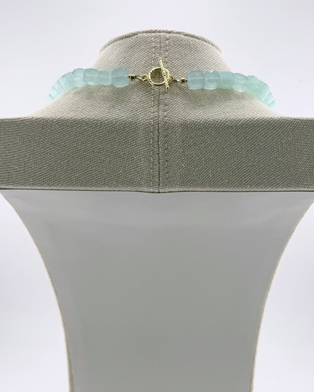 Gold-plated toggle clasp on the blue chalcedony strand necklace