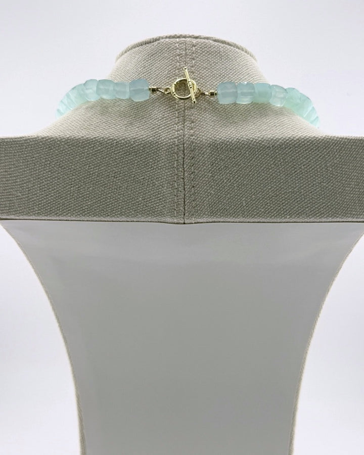 Gold-plated toggle clasp on the blue chalcedony strand necklace