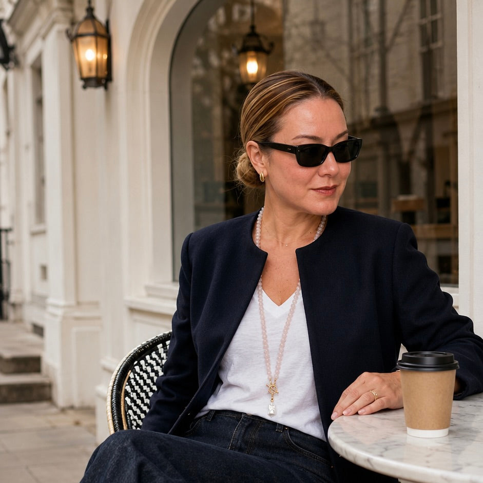 Woman at an outdoor café wearing the long rose quartz and peridot necklace worn long over a white tee and navy blazer, baroque pearl drop at the end