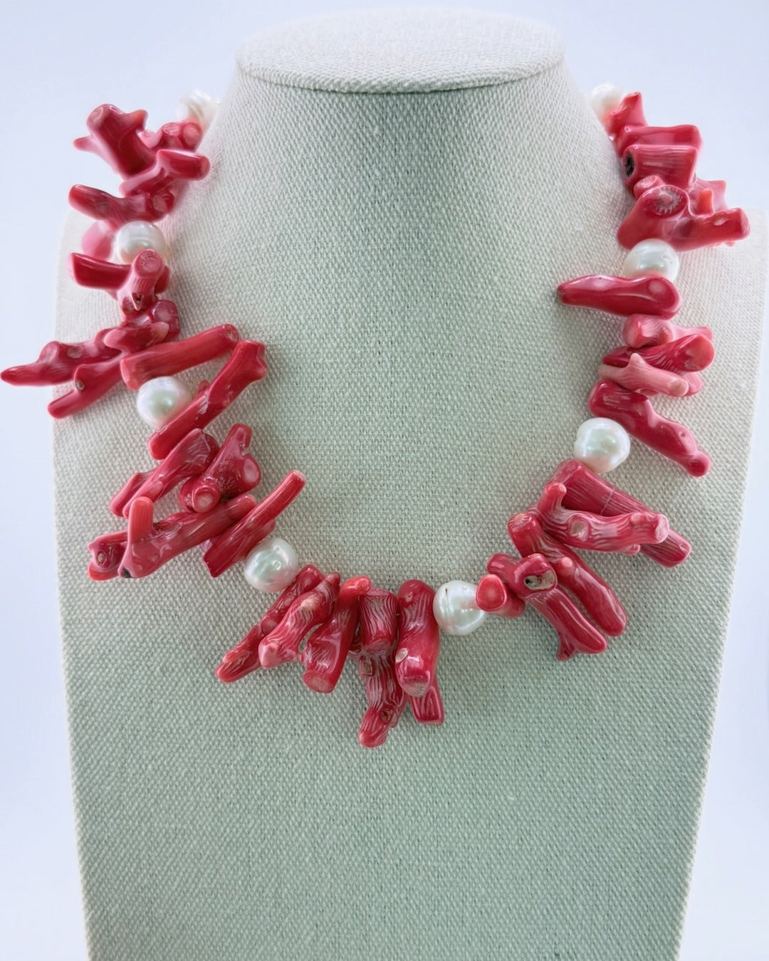 Red coral and pearl statement necklace, front view