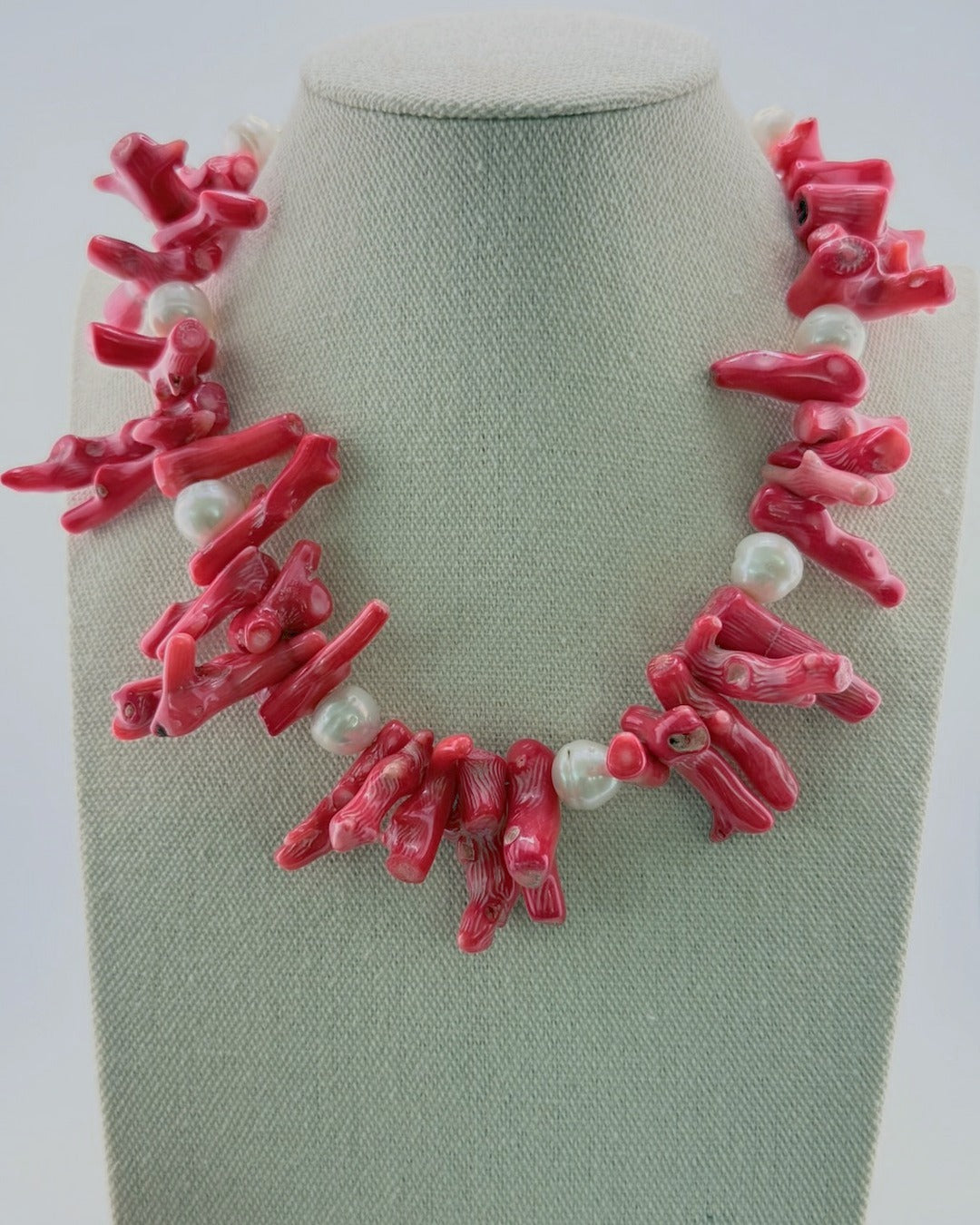 Red coral and pearl statement necklace, front view