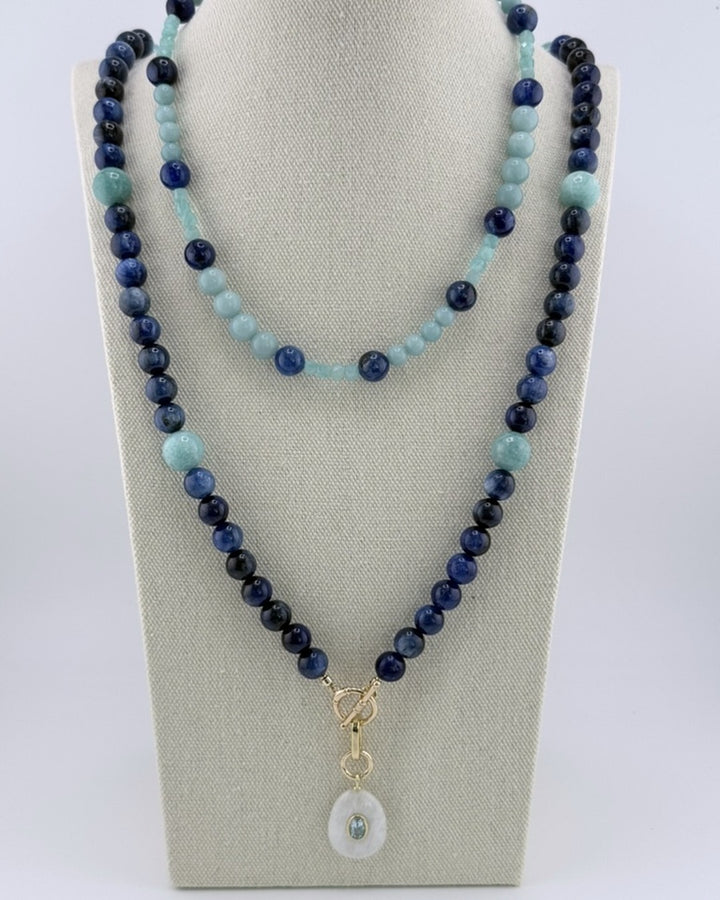 Kyanite and amazonite long necklace worn doubled on a bust