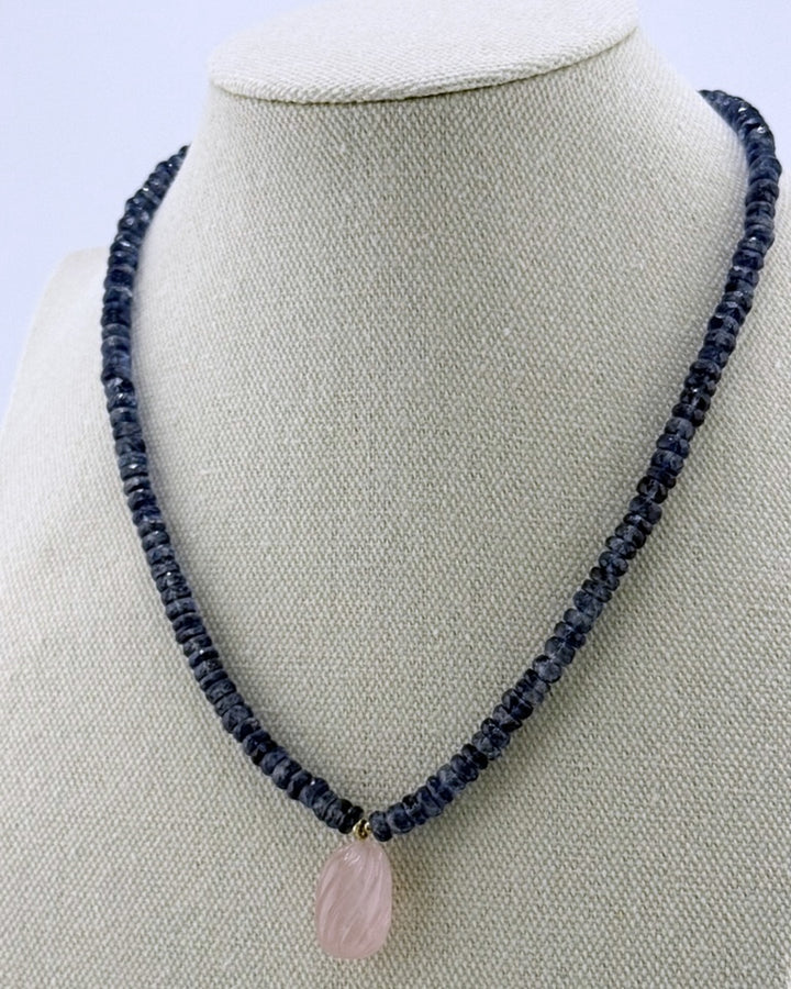 Kyanite and rose quartz necklace, angled view on the display bust