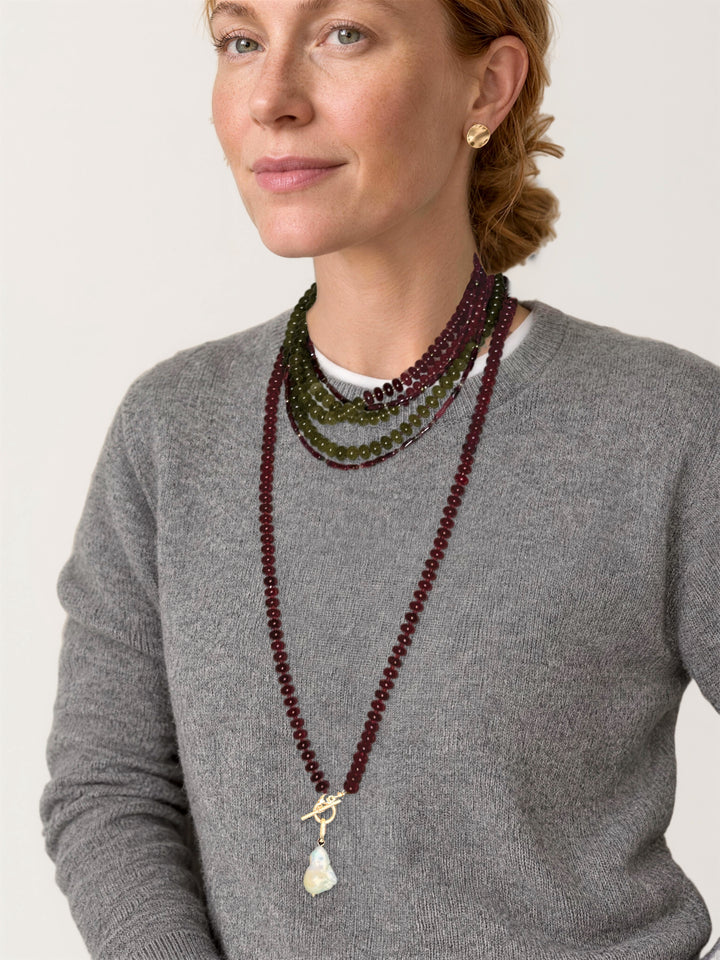 Lulu Necklace in Burgundy, Long, worn long and layered with shorter Lulu necklaces on a model