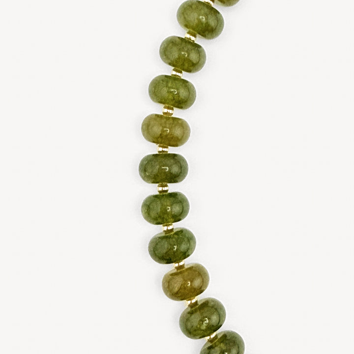 Close-up of the olive rondelles on the Lulu Necklace in Burgundy and Olive