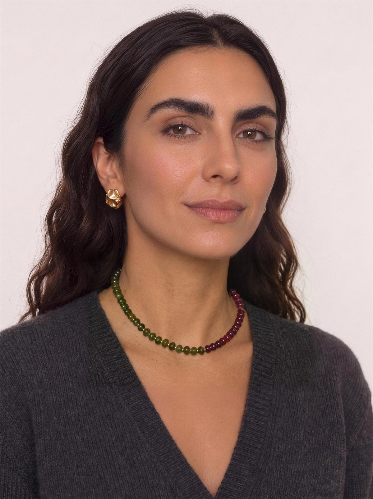 Lulu Necklace in Burgundy and Olive worn on a model