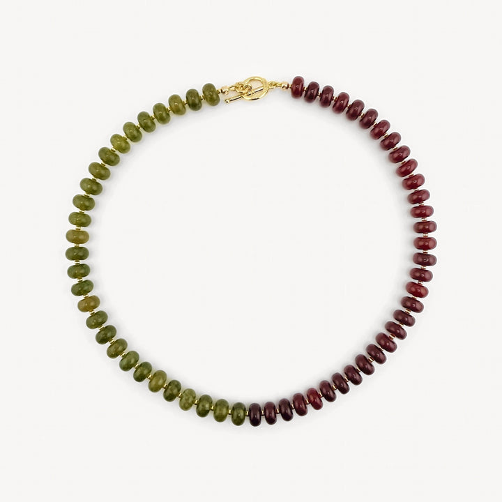 Lulu Necklace in Burgundy and Olive, burgundy and olive rondelles with a gold toggle