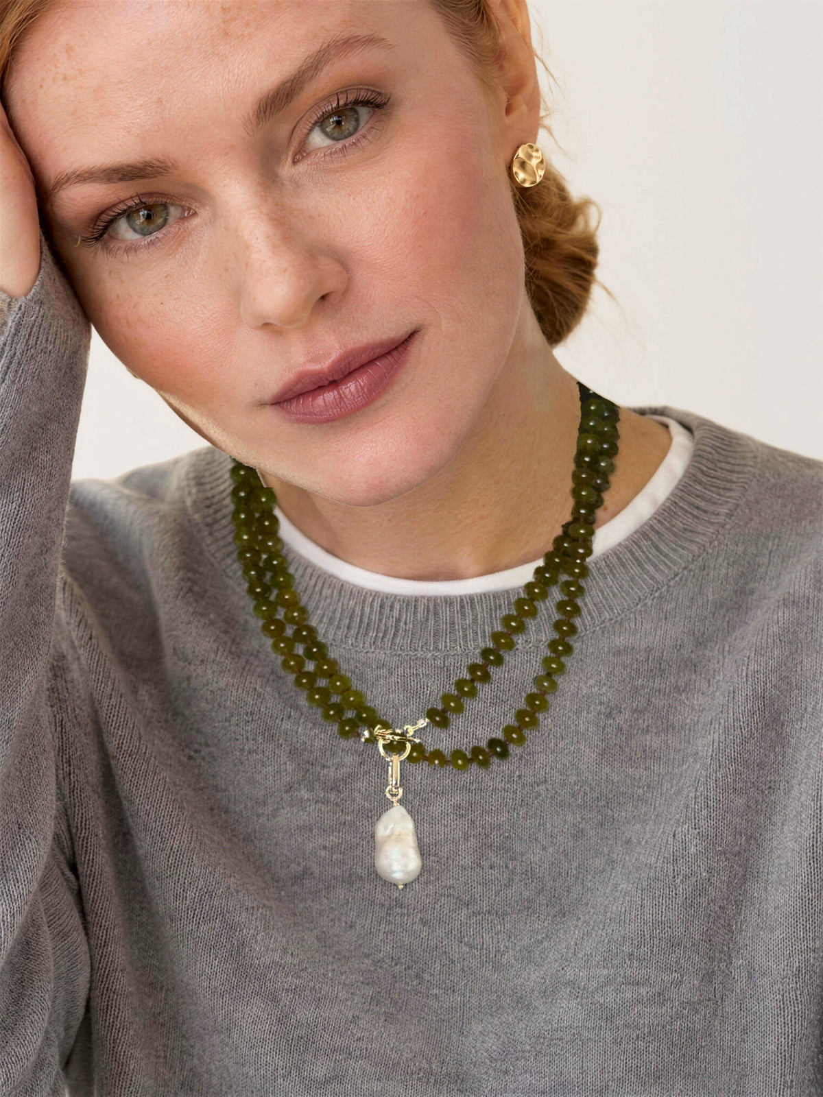 Cultured baroque pearl charm worn on the Lulu Necklace in Olive