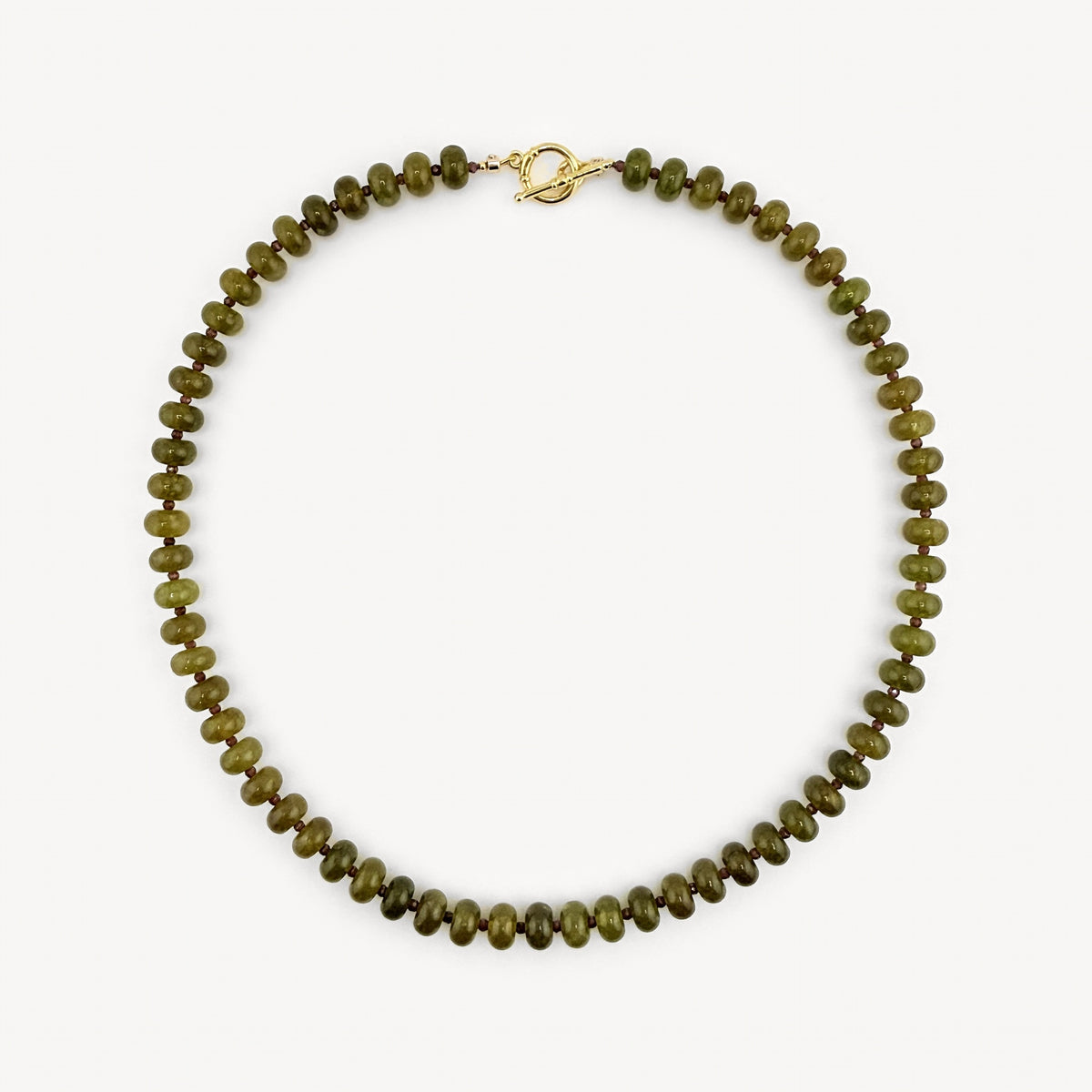 Lulu Necklace in Olive, olive green rondelles with a gold toggle