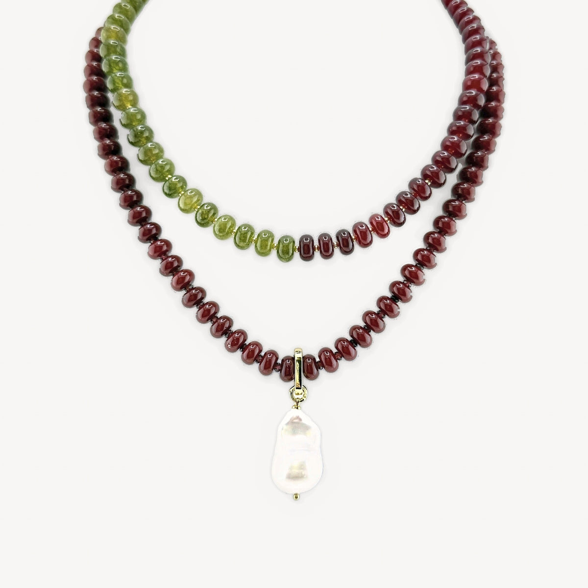 Lulu in Burgundy and Olive layered with the Lulu in Burgundy and cultured baroque pearl charm