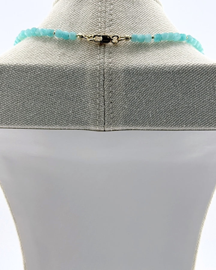 Back view showing the 18k gold-plated lobster clasp on the small amazonite pendant necklace
